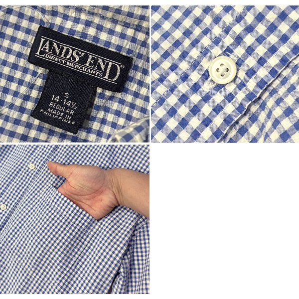 画像2: 90's〜 ビンテージ【ランズエンド】【LANDS' END】【青ｘ白】ギンガムチェック シアサッカー【半袖ボタンダウンシャツ】【サイズＳ】 