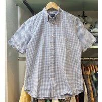 90's〜 ビンテージ【ランズエンド】【LANDS' END】【青ｘ白】ギンガムチェック シアサッカー【半袖ボタンダウンシャツ】【サイズＳ】 