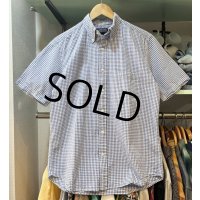 90's〜 ビンテージ【ランズエンド】【LANDS' END】【青ｘ白】ギンガムチェック シアサッカー【半袖ボタンダウンシャツ】【サイズＳ】 