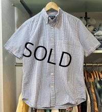 90's〜 ビンテージ【ランズエンド】【LANDS' END】【青ｘ白】ギンガムチェック シアサッカー【半袖ボタンダウンシャツ】【サイズＳ】 