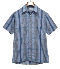 ビンテージ【pierre cardin】ピエールカルダン【青チェック】半袖【シャツ】【サイズS】 