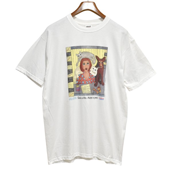 画像1: デッドストック 00's~【ビンテージ】【anvil】アンビル【生成り】【Save a life. Adopt a pet】猫と犬と女性【Tシャツ】【サイズL】 