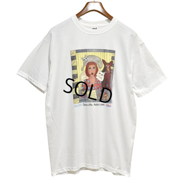 画像1: デッドストック 00's~【ビンテージ】【anvil】アンビル【生成り】【Save a life. Adopt a pet】猫と犬と女性【Tシャツ】【サイズL】 