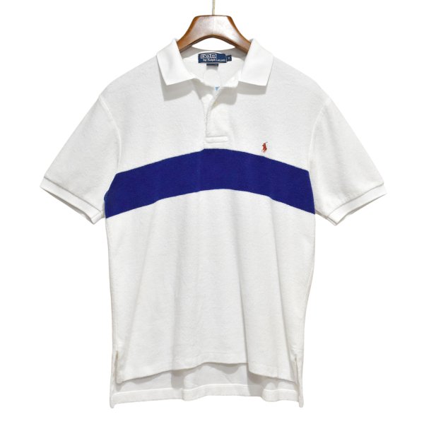 画像1: 90's【ビンテージ】【オールドラルフローレン】POLO RALPH LAUREN 【タオル地】ライン【ホワイト】コットン【ポロシャツ】【サイズM】  