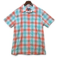 【パタゴニア】【Patagonia】【エメラルド×赤】【チェック】【シアサッカー】【半袖シャツ】【L】 