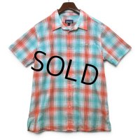 【パタゴニア】【Patagonia】【エメラルド×赤】【チェック】【シアサッカー】【半袖シャツ】【L】 