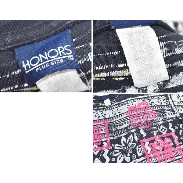画像2: ビンテージ【USA製】【HONORS】黒地×白×ピンク【総柄】【花柄】【Tシャツ】【サイズ2X】