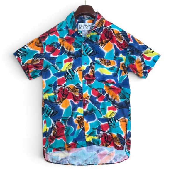 画像2: 【80's】【ビンテージ】【NEWPORT BLUE】【半袖シャツ】【魚柄】【総柄】【サイズM程度】