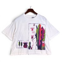 【90's】ビンテージ【BODY FORCE】【クロップドTシャツ】白【ボタニカル柄】観葉植物【レディース古着】プリント【Mサイズ程度】