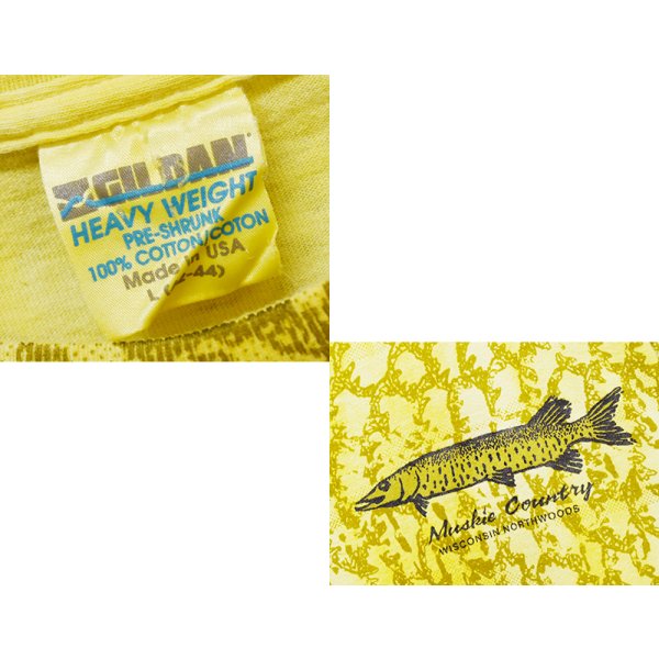 画像3: 【90's】【ビンテージ】【USA製】【GILDAN】黄色タイダイ【HEAVY WEIGHT】魚　ウロコ 総柄Tシャツ【Muskie Country】【Tシャツ】【魚】【総柄】【サイズL】