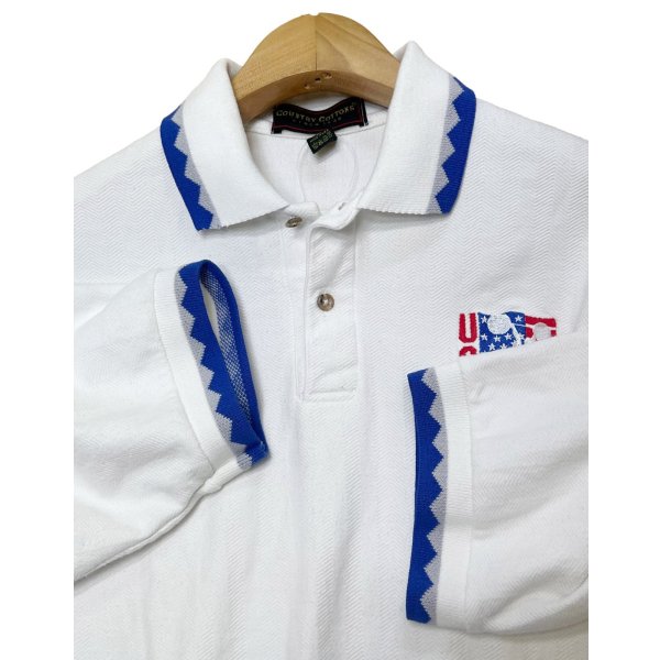 画像1: 【90's】【USA製】ビンテージ【Country Cottons】白ｘ青リブ【USAウェイトリフティング】【ポロシャツ】【M】 