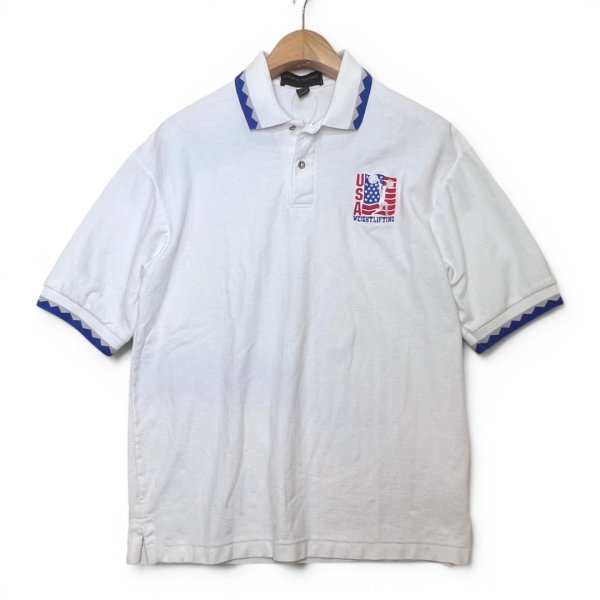 画像2: 【90's】【USA製】ビンテージ【Country Cottons】白ｘ青リブ【USAウェイトリフティング】【ポロシャツ】【M】 