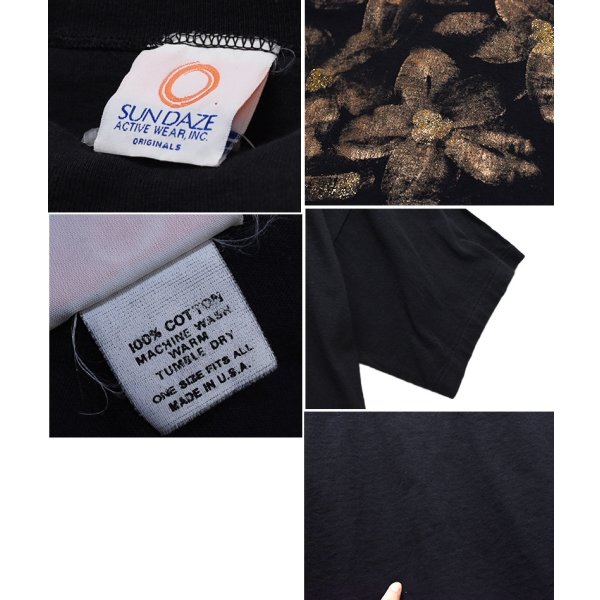 画像3: 90’s~【USA製】ビンテージ【黒】【SUN DAZE】【シングルステッチ】【GOLD花柄】【モックネック】【Tシャツ】【ワンサイズ】 