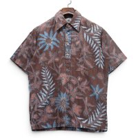 【70's】【USA製】【ビンテージ】【レインスプーナー】【reyn spooner】【プルオーバー】【茶色×水色×ピンク花柄総柄】【半袖シャツ】アロハシャツ【M】 