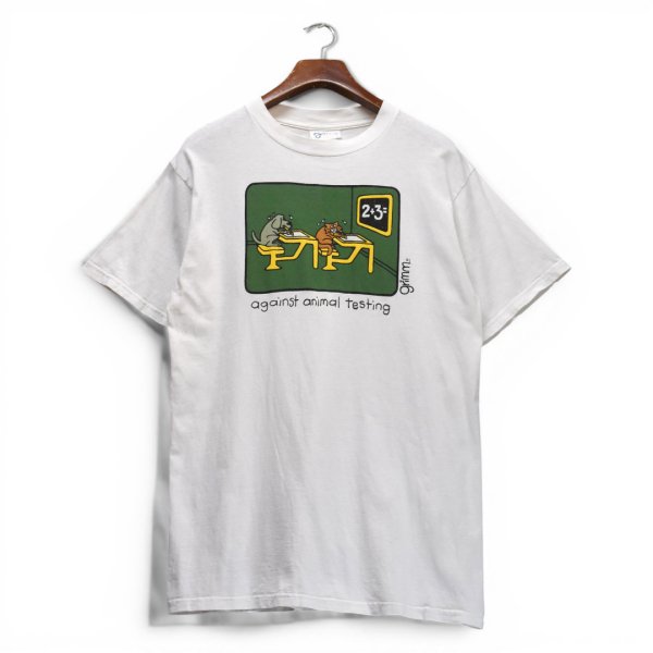 画像2: 【90's】ビンテージ【Grimm】動物実験反対【against animal testing】【犬と猫】白【Tシャツ】【L】 
