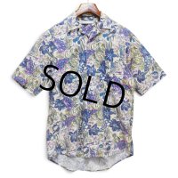 ビンテージ【GEOFFREY BEENE】【ベージュ×パープル×グリーン総柄】【花柄】【ぶどう柄】【半袖シャツ】開襟シャツ【サイズS】