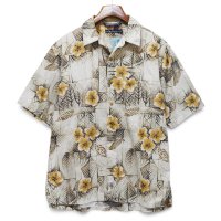 【90's】ビンテージ【ノーティカ】【nautica】【ベージュ×ブラウン総柄】【ハイビスカス柄】アロハシャツ【半袖シャツ】【サイズM】