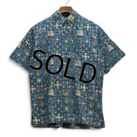 【90's】ビンテージ【Ray Spooner】【レインスプーナー】【青】【花柄】【アメリカ国旗柄】【MELE KALIKIMAKA】【プルオーバー】【ボタンダウン】【半袖シャツ】アロハシャツ【M】 
