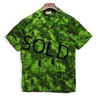 【70's〜】ビンテージ【USA製】【fashion of hawaii】【緑総柄】【フラダンス】【アロハシャツ】ハワイアンシャツ【M程度】 