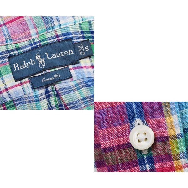 画像2: 【ラルフローレン】【Ralph Lauren】ビンテージ【Custom Fit】【赤×緑×白チェック柄】【リネン】【ボタンダウンシャツ】【サイズS】