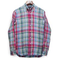 【ラルフローレン】【Ralph Lauren】ビンテージ【Custom Fit】【赤×緑×白チェック柄】【リネン】【ボタンダウンシャツ】【サイズS】