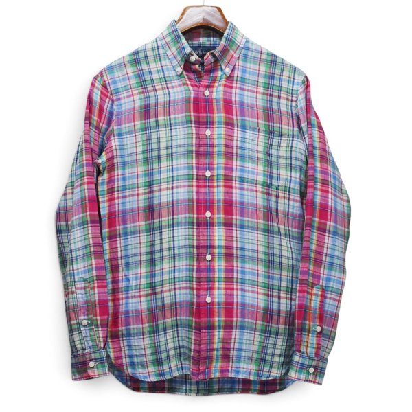 画像1: 【ラルフローレン】【Ralph Lauren】ビンテージ【Custom Fit】【赤×緑×白チェック柄】【リネン】【ボタンダウンシャツ】【サイズS】