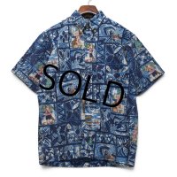 限定【90's】ビンテージ【Rayn Spooner】リミテッドエディション【レインスプーナー】【MELE KALIKIMAKA】【サンタ柄】【総柄】【ボタンダウン】アロハシャツ【半袖シャツ】青【M】 