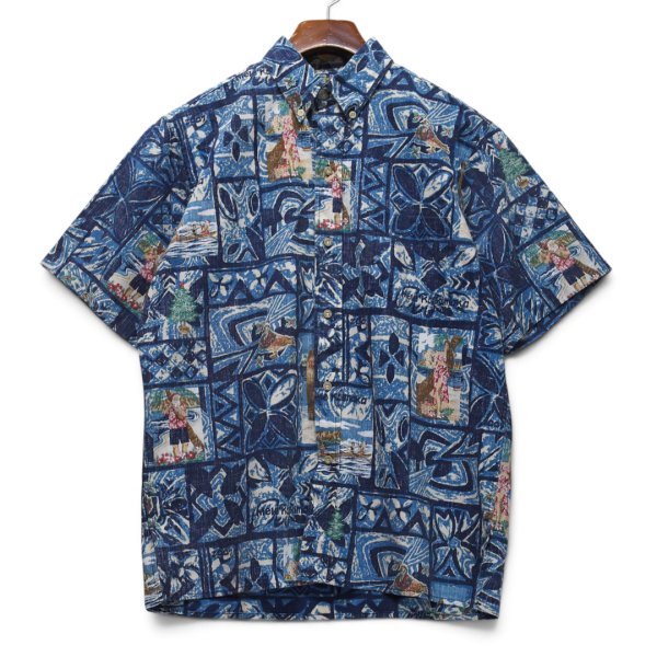 画像1: 限定【90's】ビンテージ【Rayn Spooner】リミテッドエディション【レインスプーナー】【MELE KALIKIMAKA】【サンタ柄】【総柄】【ボタンダウン】アロハシャツ【半袖シャツ】青【M】 