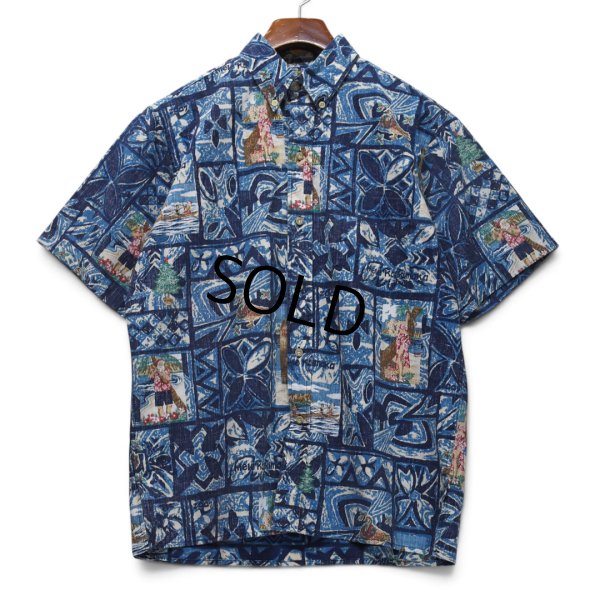 画像1: 限定【90's】ビンテージ【Rayn Spooner】リミテッドエディション【レインスプーナー】【MELE KALIKIMAKA】【サンタ柄】【総柄】【ボタンダウン】アロハシャツ【半袖シャツ】青【M】 