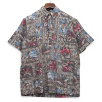 限定【90's】ビンテージ【Rayn Spooner】リミテッドエディション【レインスプーナー】【花柄】【人物柄】【MELE KALIKIMAKA】【プルオーバー】【ボタンダウン】アロハシャツ【半袖シャツ】茶色【M】 