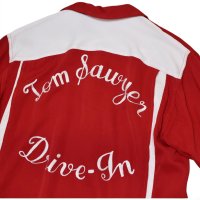 【50’s】ビンテージ【Pinsplitter】【赤×白】【レーヨン】【チェーンステッチ】【ボウリングシャツ】【M】 