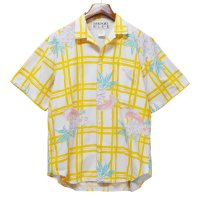 【USA製】ビンテージ【NEWPORT BLUE】【白×オレンジチェック パイナップル総柄】ハワイアンシャツ【半袖シャツ】アロハシャツ【L】