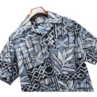 【USA製】ビンテージ【GO BAREFOOT】【黒×白×青総柄】ハワイアンシャツ【コットン】アロハシャツ【半袖シャツ】【M】