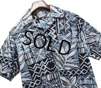 【USA製】ビンテージ【GO BAREFOOT】【黒×白×青総柄】ハワイアンシャツ【コットン】アロハシャツ【半袖シャツ】【M】