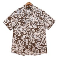 ビンテージ【ティンバーランド】【Timberland】【茶×白花柄】【リネン100%】アロハシャツ【半袖シャツ】開襟シャツ【サイズM】