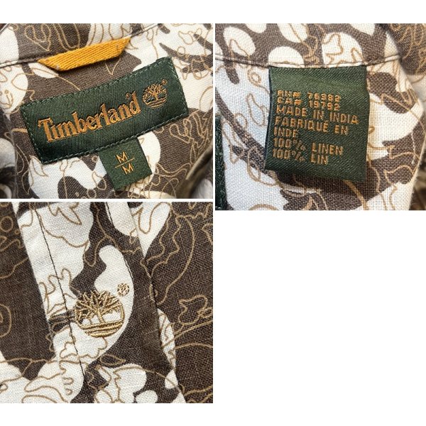 画像2: ビンテージ【ティンバーランド】【Timberland】【茶×白花柄】【リネン100%】アロハシャツ【半袖シャツ】開襟シャツ【サイズM】