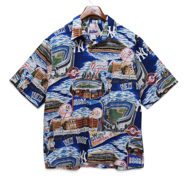画像1: 【レインスプーナー】【Reyn Spooner】【ニューヨーク・ヤンキース】【New York Yankees】【MLB】【総柄】【半袖】ハワイアンシャツ【アロハシャツ】【L】