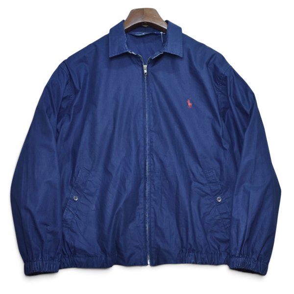 画像1: 90's ビンテージ【ラルフローレン】【Ralph Lauren】【襟裏チェック柄】【ジップアップ】コットンサテン【コットンブルゾン】【紺】【サイズL】