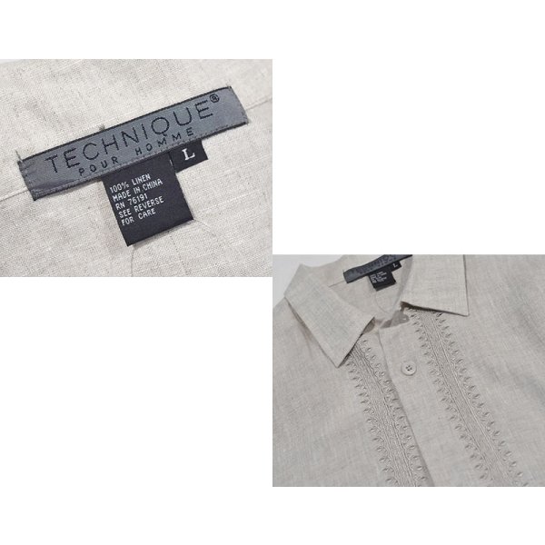 画像2: ビンテージ【TECHNIQUE】【刺繍】【リネンシャツ】【ベージュ】開襟シャツ【半袖シャツ】ショートスリーブ【サイズL】