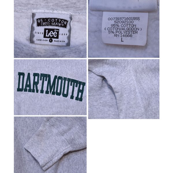画像2: 程度良好!!【90’s】【ビンテージ】【USA製】【リー】【Lee】【DARTMOUTH】ダートマス大学【カレッジ】【スウェット】リバースウィーブ【グレー】【サイズL】 