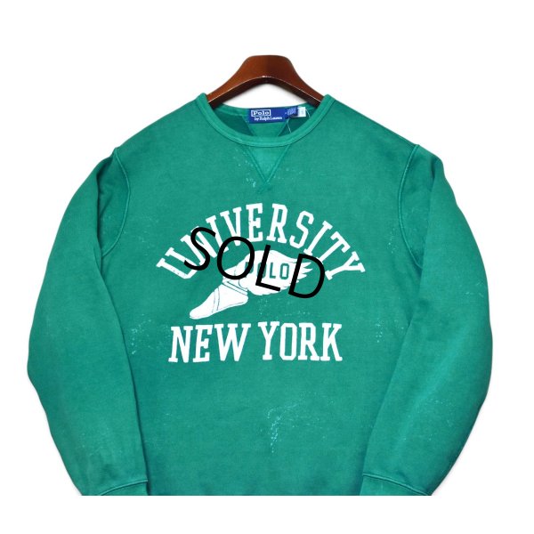 画像1: 【ほぼ未使用】【ポロ ラルフローレン】【Polo Ralph Lauren】【UNIVERSITY NEW YORK】【フロッキープリント】ビンテージ加工【前V】【緑】【スウェット】【サイズM】 