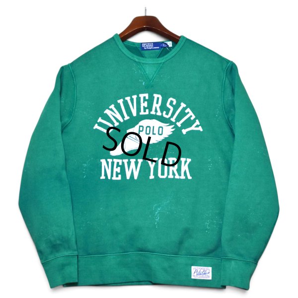 画像3: 【ほぼ未使用】【ポロ ラルフローレン】【Polo Ralph Lauren】【UNIVERSITY NEW YORK】【フロッキープリント】ビンテージ加工【前V】【緑】【スウェット】【サイズM】 