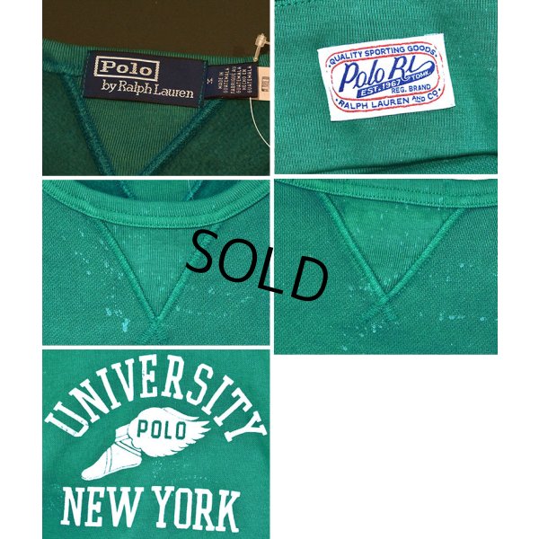 画像2: 【ほぼ未使用】【ポロ ラルフローレン】【Polo Ralph Lauren】【UNIVERSITY NEW YORK】【フロッキープリント】ビンテージ加工【前V】【緑】【スウェット】【サイズM】 