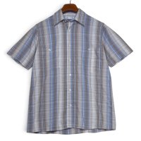 ビンテージ【ピエールカルダン】【pierre cardin】【ベージュ×青】【チェック】【半袖シャツ】【サイズS】