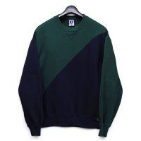 【90’s】【ビンテージ】【USA製】【ラッセル】【Russell】【前V】【切り替え】【クルーネックスウェット】【紺×緑】【サイズL】 