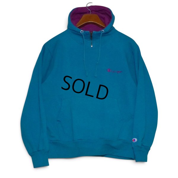 画像1: 【90’s】【ビンテージ】【USA製】【チャンピオン】【Champion】【ジップ付きパーカー】【ターコイズ×紫】【ロゴ刺繍】【サイズM】