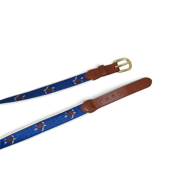 画像4: 【程度良好】【LEATHER MAN LIMITED】【レザー×キャンバスベルト】【亀刺繍】【青×生成り】リボンベルト【ベルト】【W36】 