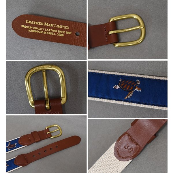 画像2: 【程度良好】【LEATHER MAN LIMITED】【レザー×キャンバスベルト】【亀刺繍】【青×生成り】リボンベルト【ベルト】【W36】 