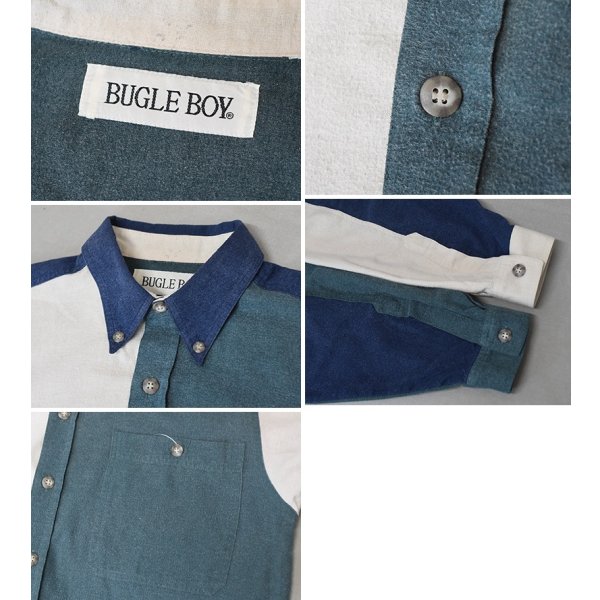画像2: 【90’s】【ビンテージ】【BUGLE BOY】【紺×緑×ベージュ】【切替】【微起毛】【ボタンダウンシャツ】【サイズL程度】 