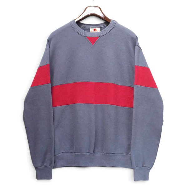 画像1: 【90’s】【ビンテージ】【USA製】【ラッセル】【Russell】【前V】【チャコール×赤】【切り替え】【クルーネックスウェット】【サイズXL】 